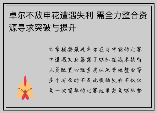 卓尔不敌申花遭遇失利 需全力整合资源寻求突破与提升