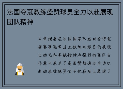 法国夺冠教练盛赞球员全力以赴展现团队精神
