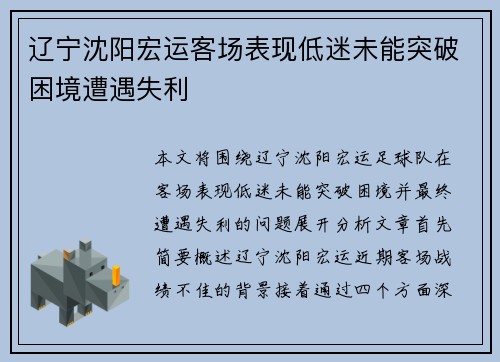 辽宁沈阳宏运客场表现低迷未能突破困境遭遇失利